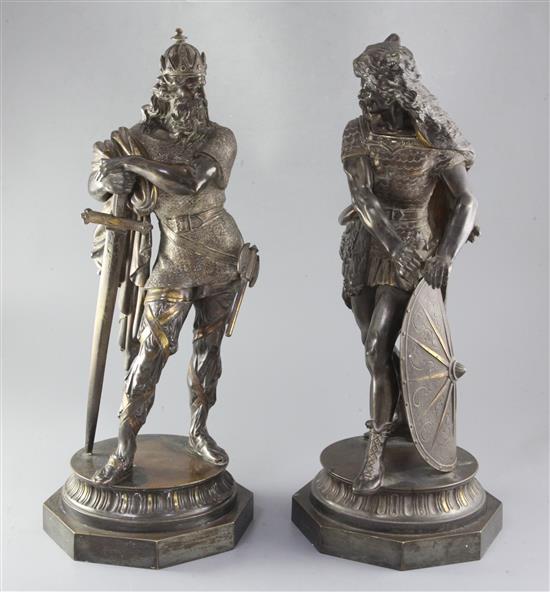 A pair of third quarter of the 19th century French bronzes of medieval warriors, height 21.25in.